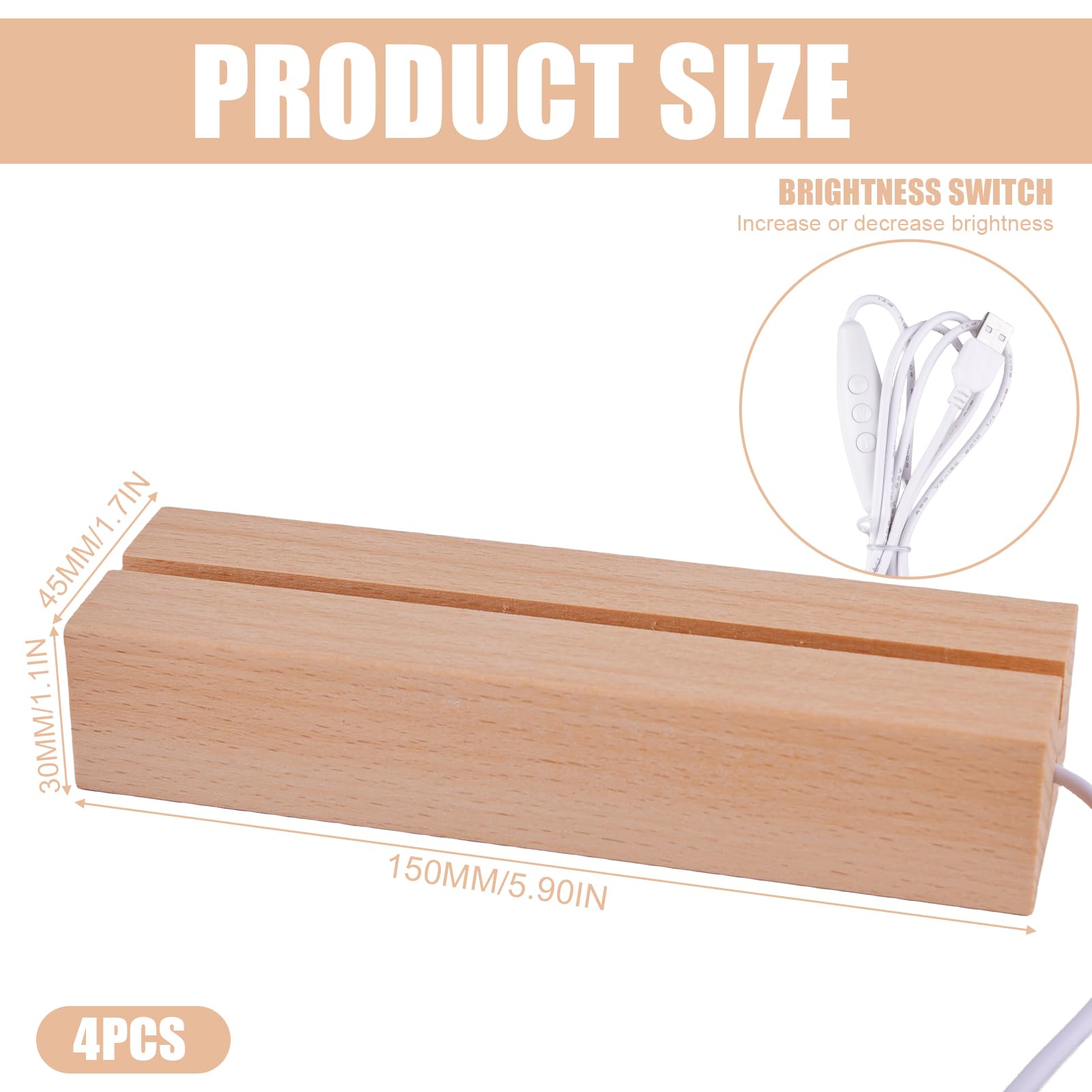 Lot De 4 Socles LED En Bois BORDEAG - Bases D'Affichage Lumineuses USB Rectangulaires Pour Plaques Acryliques, Art En Cristal Et Verre