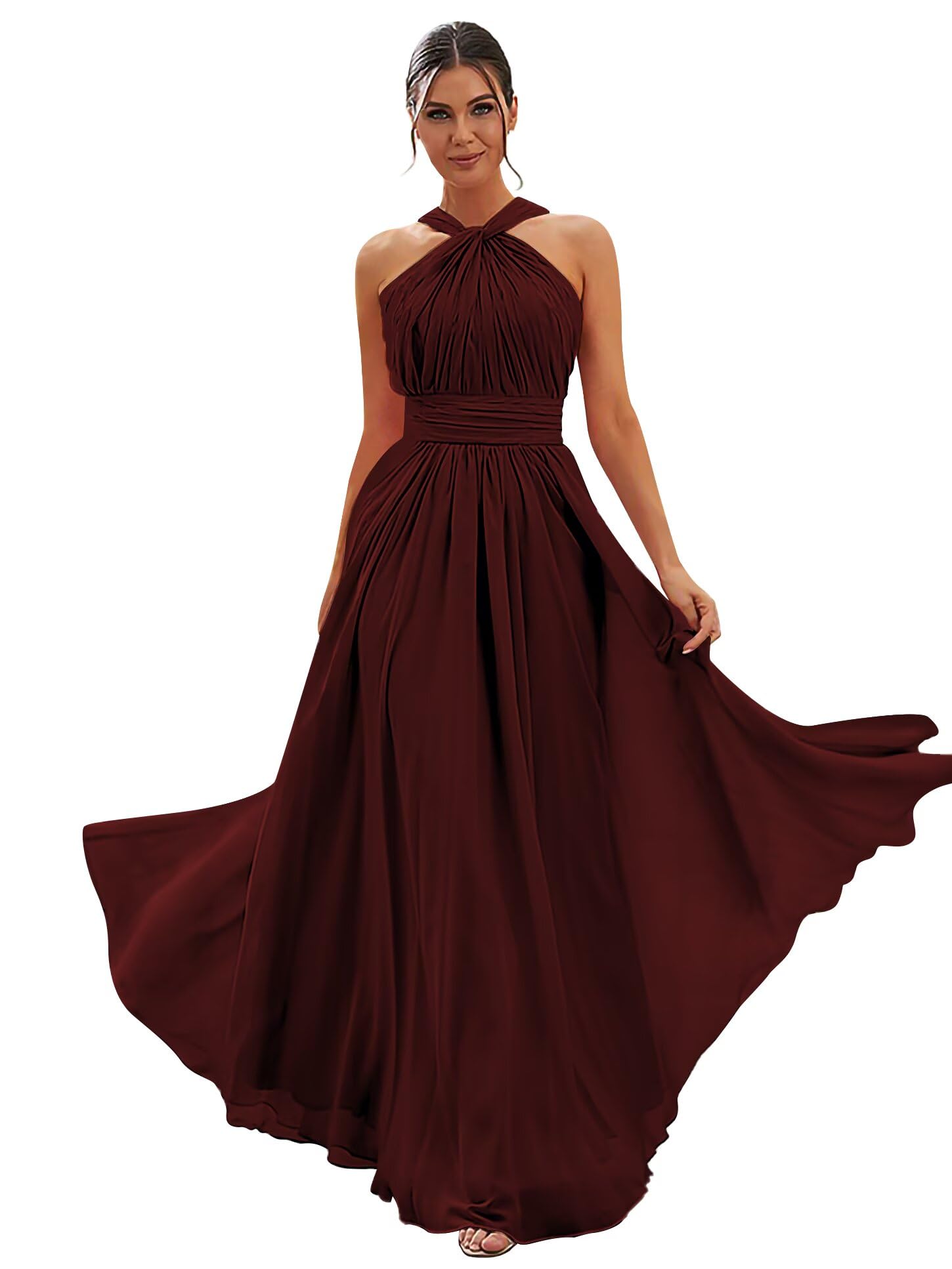 Chiffon Halter Bridesmaid Dresses for Women Long A-line Formal Prom Party Dress with Pockets