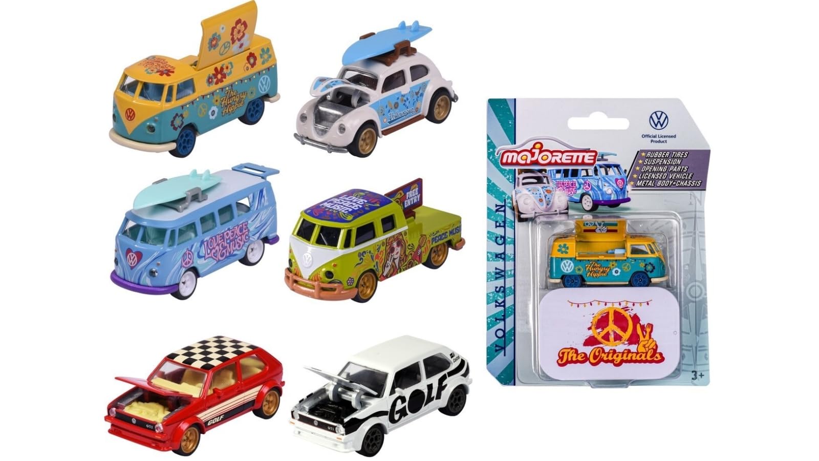Majorette - Volkswagen The Originals Deluxe Cars - 1 of 6 random VW model cars, scale 1:64, with official VW licence, collector's plate box, highly detailed toy cars, 212055005