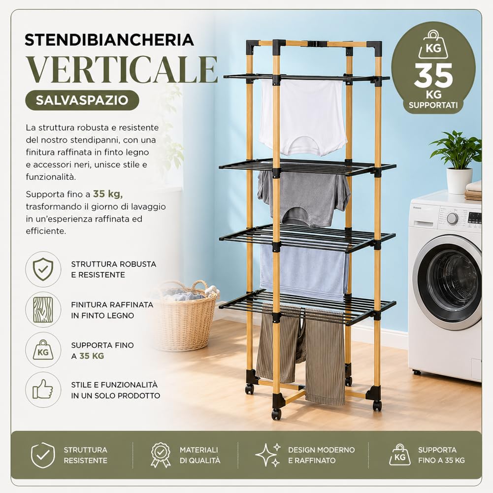 BAKAJI Stendibiancheria a Torre Pieghevole con Chiusura Salvaspazio, Stendino con Ruote Verticale Multilivello per Asciugatura Omogenea, Struttura Resistente e Stabile Effetto Legno (4 Ripiani)