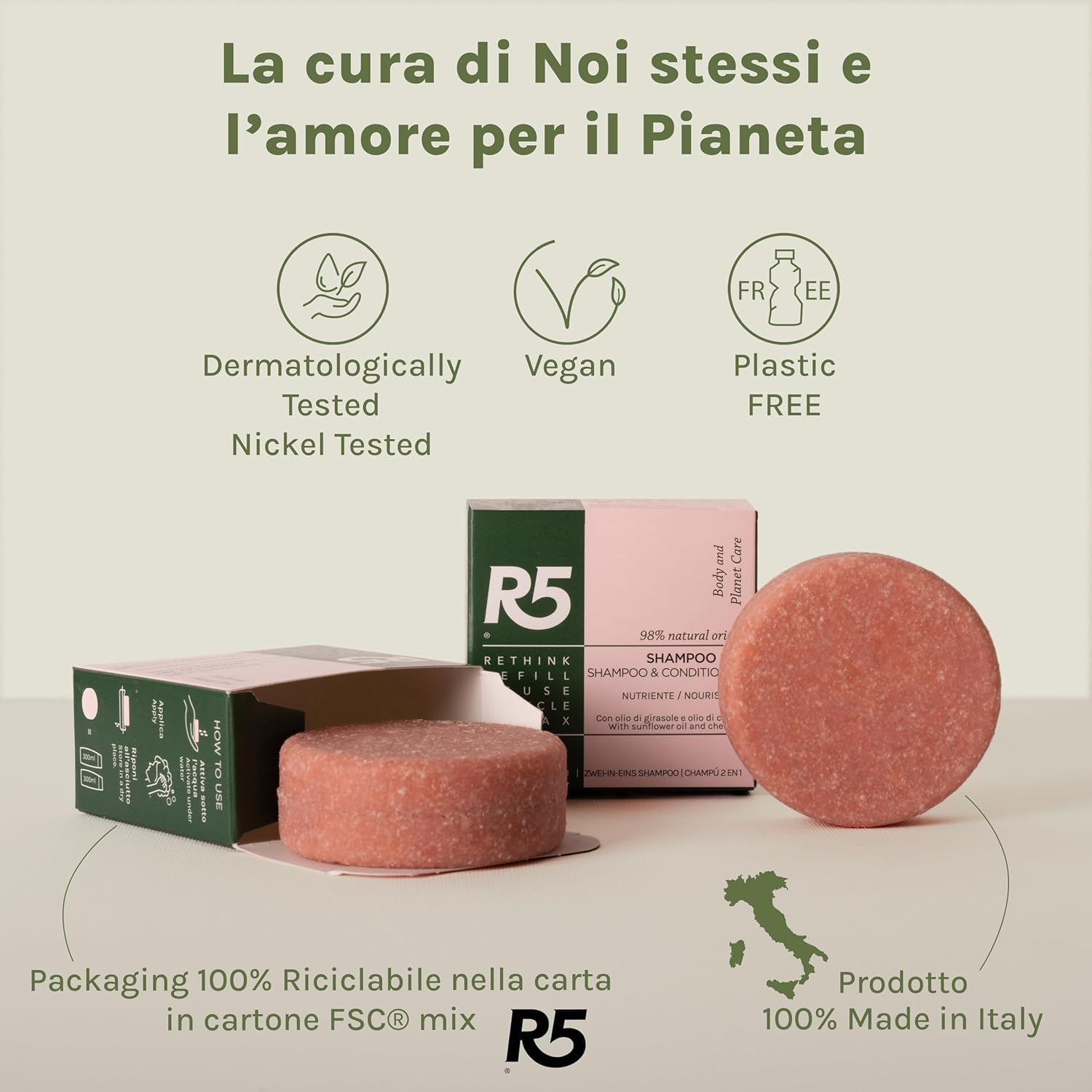 R5, Solido 2-in-1-Shampoo, 2 Stück, integrierte Spülung, 98% Inhaltsstoffe natürlichen Ursprungs, Kirsch- und Sonnenblumenöl, Blumenduft, dermatologisch und nickelgeprüft, vegan, hergestellt in