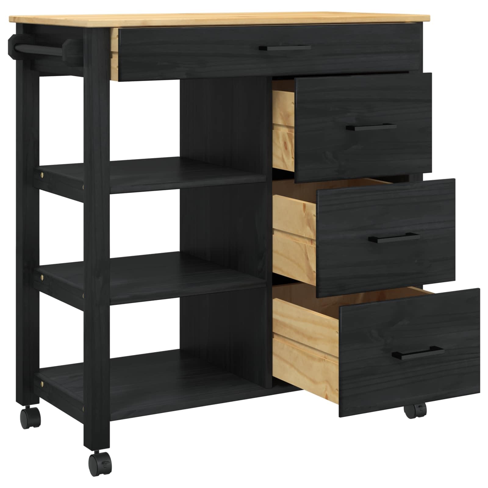 Chariot de Cuisine en Pin Massif Noir 84x40x88,5 cm avec Roulettes