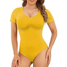 POSESHE Womens Plus Size Bodysuit V neck Short Sleeves Casual Basic Bodysuit Tops Jumpsuit T-shirts