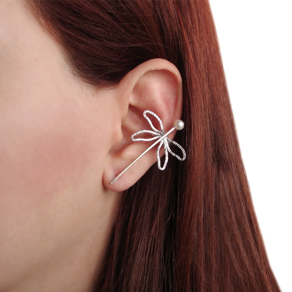 Handmade geschenk für sie Libelle Ohr Manschette aus sterling silber mit perle, Hochzeitsohrring,Libelle Schmuck, Hochzeit Ohr Kletterer Ohrring, Elfenohrring, earcuff, ear cuff