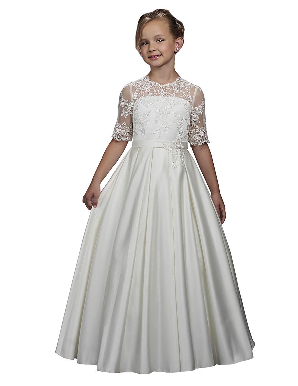 Abito da Prima Comunione da bambina, a mezza manica, in raso di pizzo, formale, bianco, con fiori, per matrimonio in chiesa