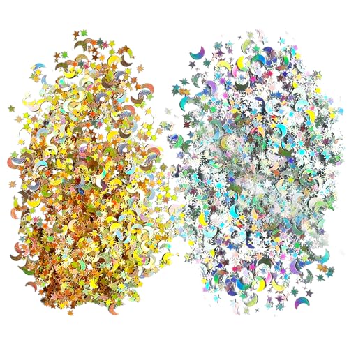 4 paquetes de confeti de estrellas y lunas, confeti con purpurina, lentejuelas doradas y plateadas, accesorios para fiestas y decoración de bricolaje