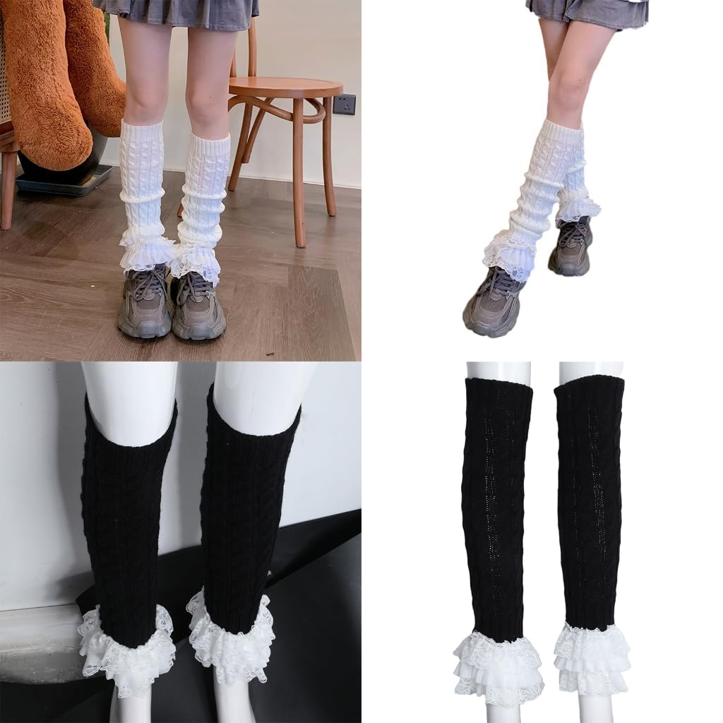 Japanese Women Twist Cable Knit Bowknot Leg Warmer Socks Princess Tiered Ruffled Lace Leg Stockings