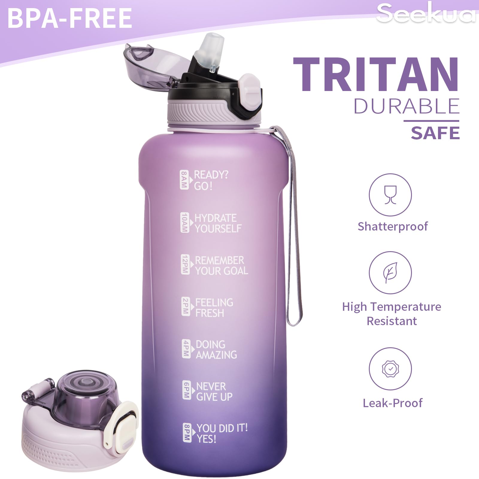 Seekua Sportiva Borraccia Motivazionale 0.6l / 1l / 2l con Cannuccia & Orari per Bere Grande Bottiglia Acqua Tritan per Palestra, Sport, 2 Coperchi, 2 litri