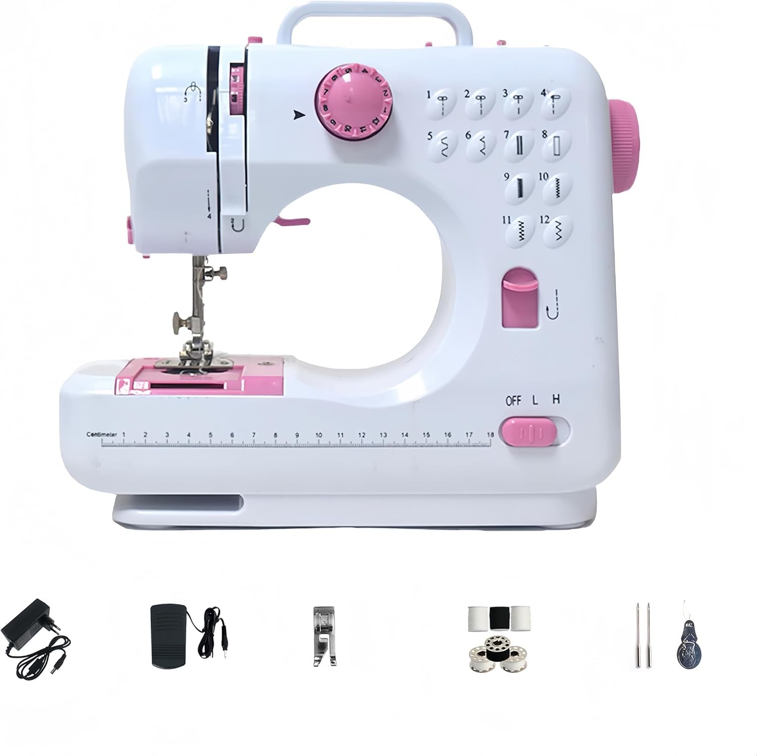 Mini Nähmaschine für Anfänger, 12 Stiche Haushalt Doppelfaden Multifunktionsnähmaschine für Kinder, Strom und Batteriebetrieb, LED Licht (Rosa)