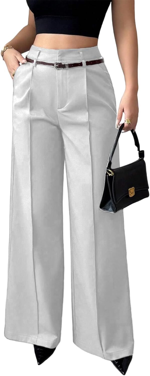 LETSVDO Women's Straight Leg Dress Pants High Waisted Belted Pleated Wide Leg Slacks Trousers(for Work,Business,Office)