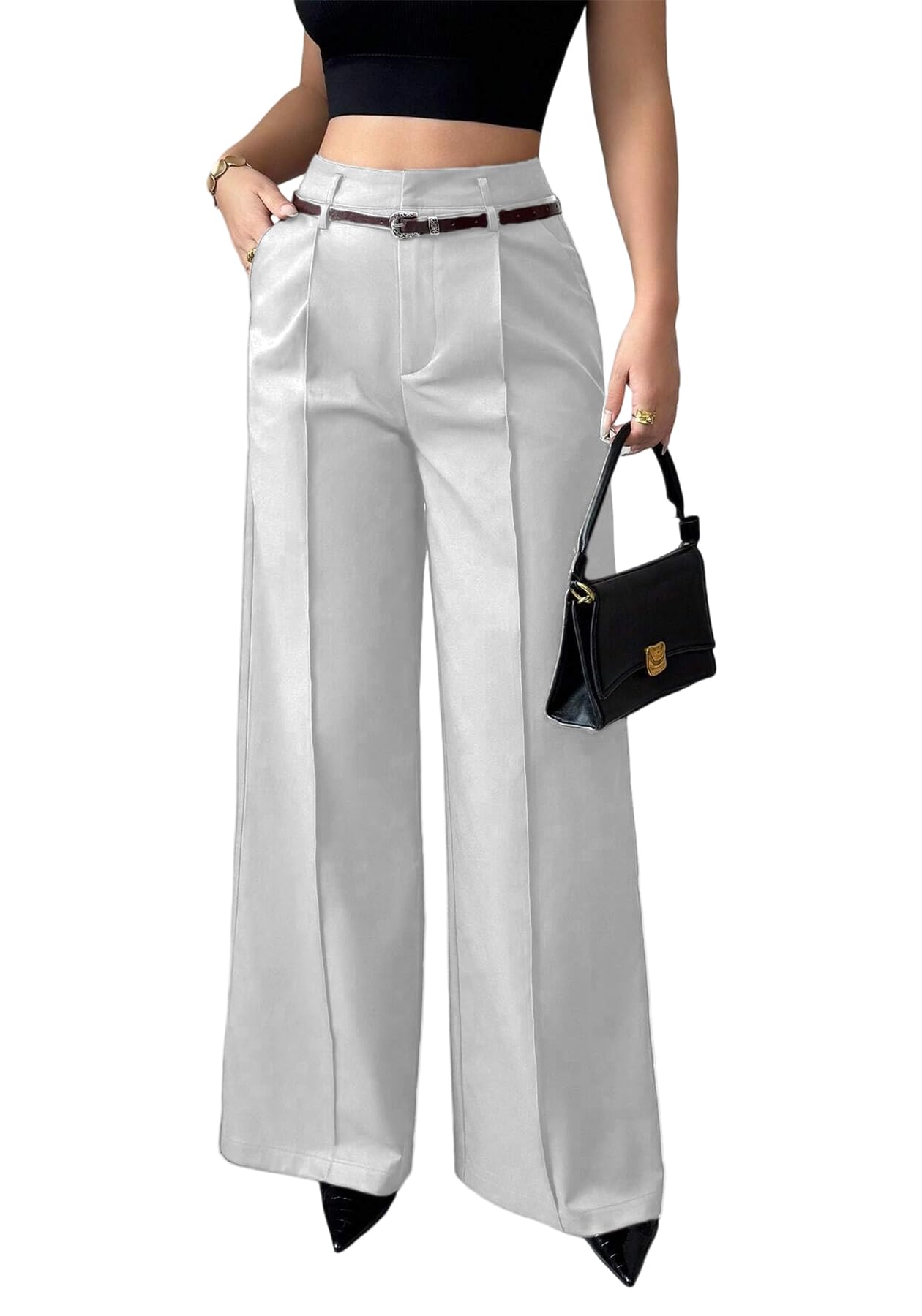 LETSVDO Womens Straight Leg Dress Pants High Waisted Belted Pleated Wide Leg Slacks Trousers for Work Business Office