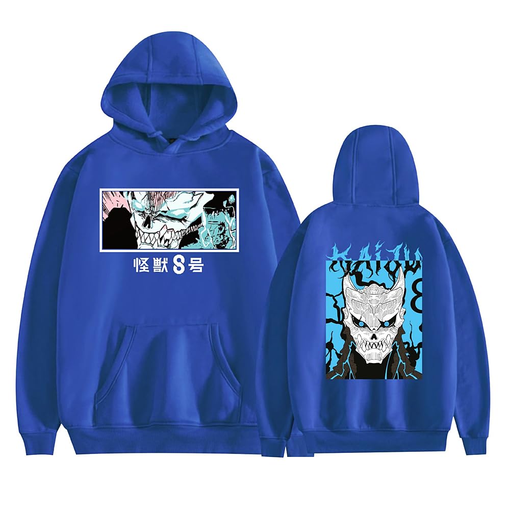 Charous Unisex Blue Anime Kaiju No.8 Cartoon Print Hoodie Sweatshirts Used For Manga Kaiju No.eight Kafuka Hibino Fans Cosplay Gift