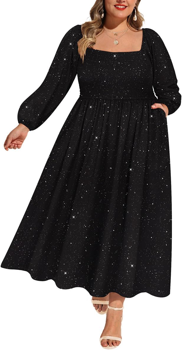 RITERA Plus Size Dresses for Curvy Women Square Neck Fall Long Sleeve Floral Smocked Maxi Dress with Pocket XL-5XL