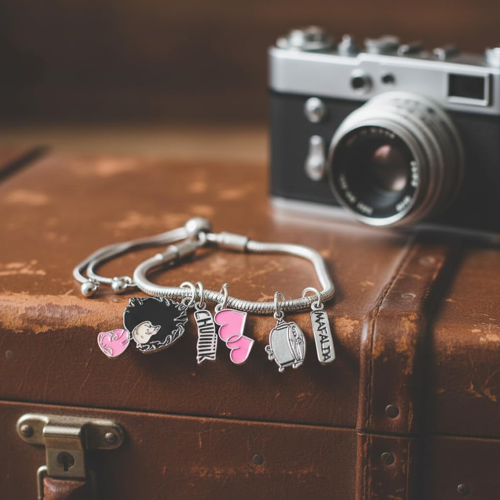 Pulsera con Charms Mafalda Despeinada - Licencia Oficial Quino, Rosa, Acero Inoxidable, Estilo Serpiente, Talla Única