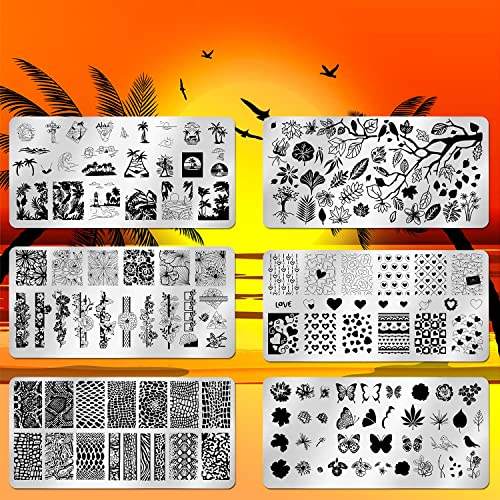 Jerclity 6Pcs Nail Art Stamping Kit Nature Nail Stamping Plates For Nails Butterfly Love Heart Beach Flower Snake Image Plates Nail Stamper Kit For Holiday Nail Art #TOP1