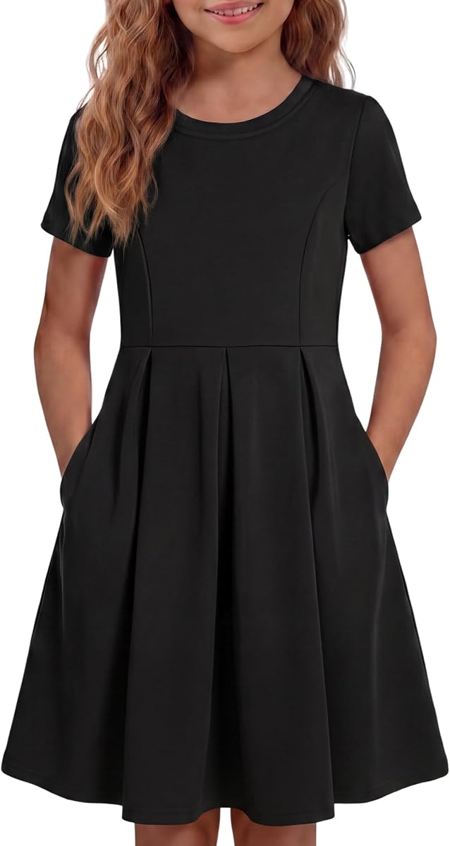 Vestidos informales de manga corta para niña con bolsillos, vestido negro para niña, vestidos bonitos de patinadora y colegiala, talla 4-14 años