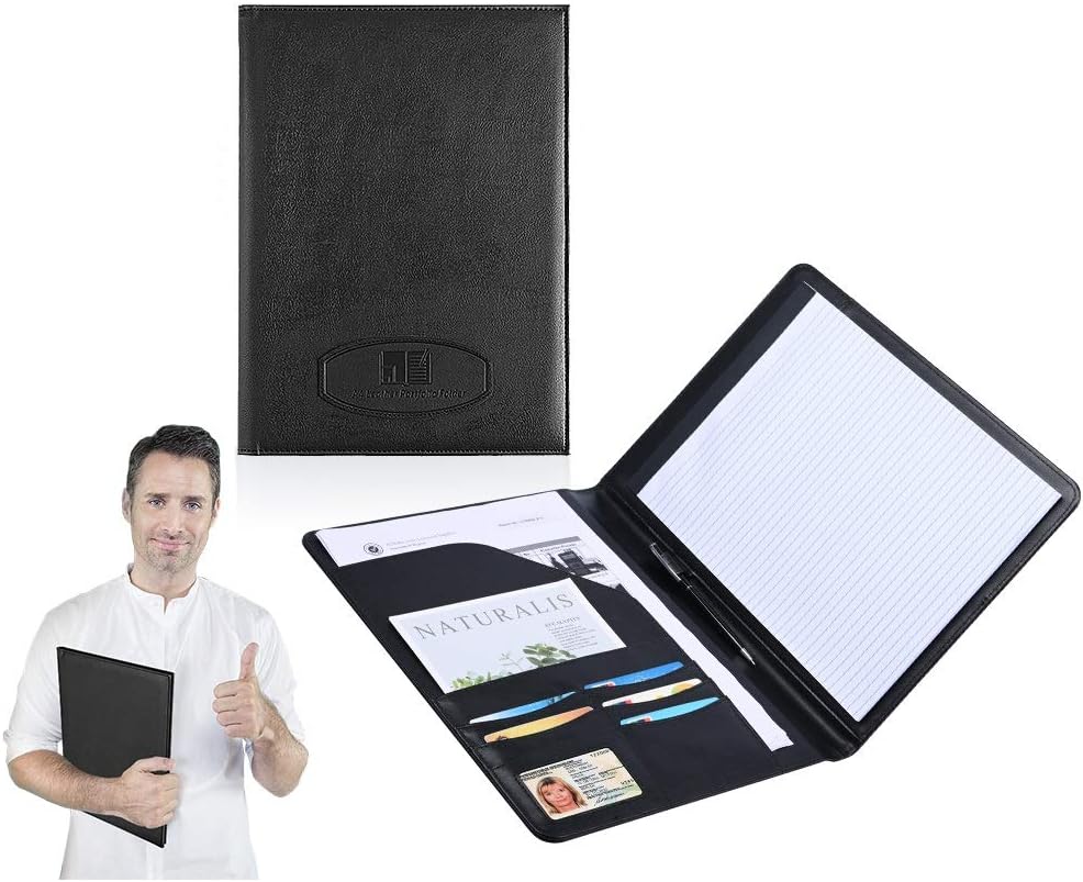 Leather Portfolio Folder Padfolio for Business School Office Conference Presentation Interview, Leather Resume Padfolio Folder Organizer for Men Women with Notepad and Pen