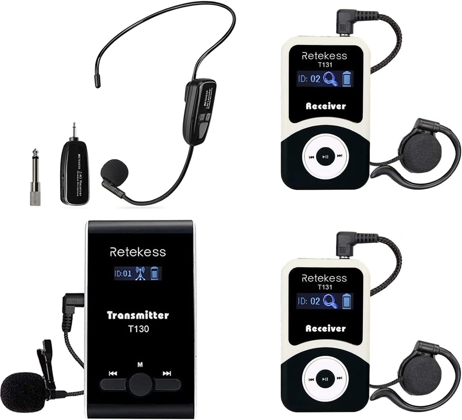 Retekess Case of 1 Transmitter 2 Receivers, T130 Tour Guide System TT123 Wireless Microphone, Enjoy Wireless Distance,Translation Devices