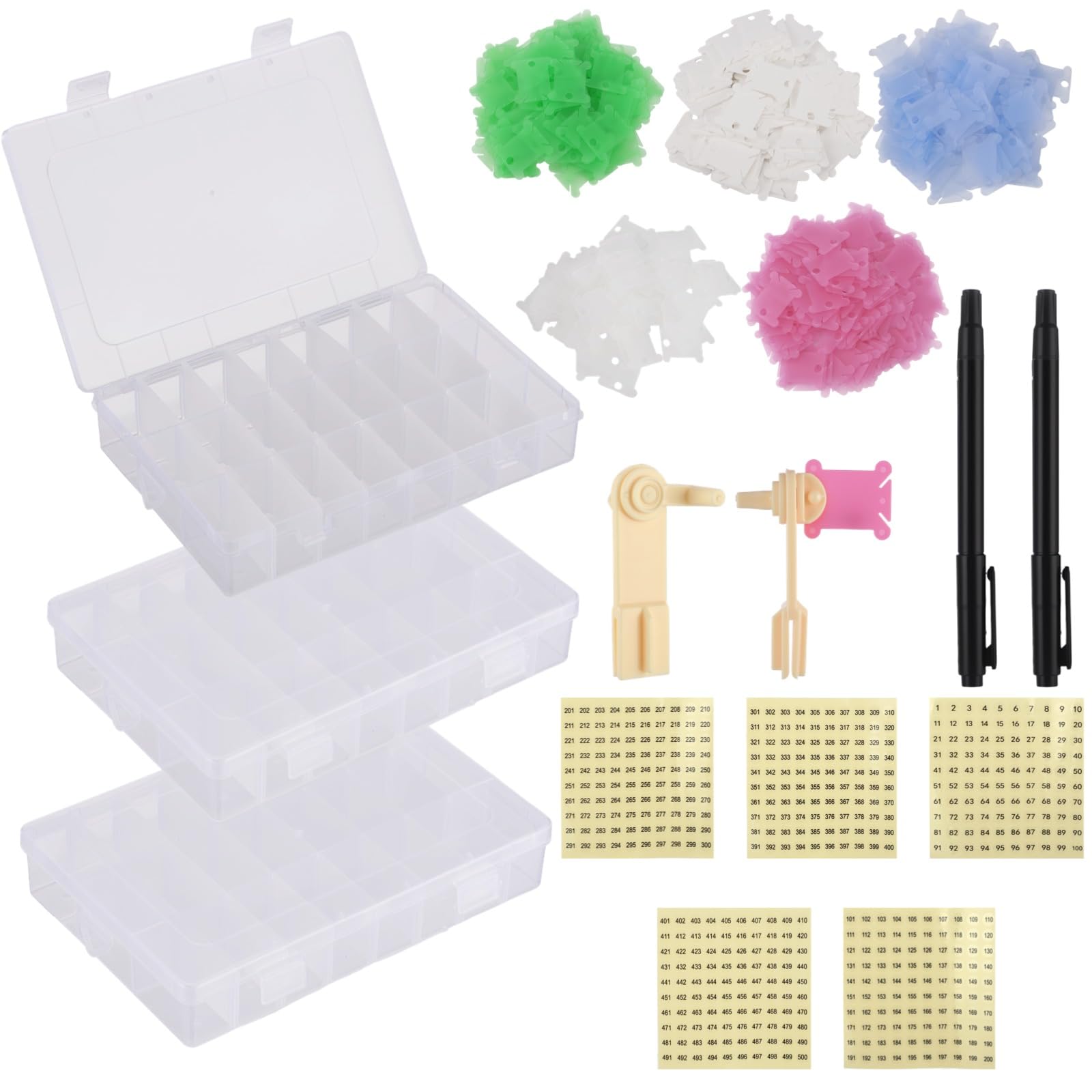 Stickgarn Organizer Set, 3 Stk. 24-Fächer abnehmbare Klarsichtboxen, 500 Garnkarten, 1-500 Zahlaufkleber, 2 Handwickler und 2 Marker für Kreuzstich, DIY Nähen, Bastelprojekte