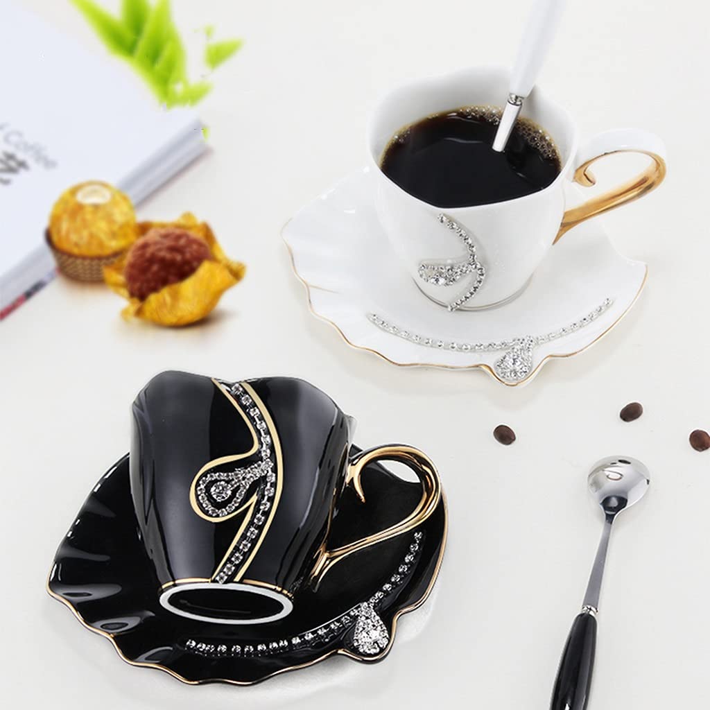 Porcelana Taza de té y Platillo Conjunto Taza de Café, 8 onzas para bebidas de café, café con leche, café moca y té, taza de té de incrustaciones de diamantes hechas a mano con juego de platillos y co