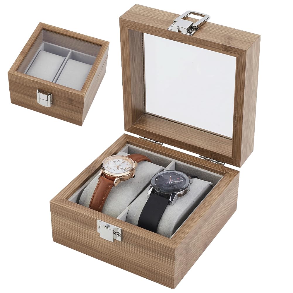 Caja para Relojes, Estuche de Madera de 2 Compartimentos con Ventana de Cristal Transparente y cojín de Terciopelo, Organizador de Almacenamiento de Relojes, joyero para Hombres y Mujeres