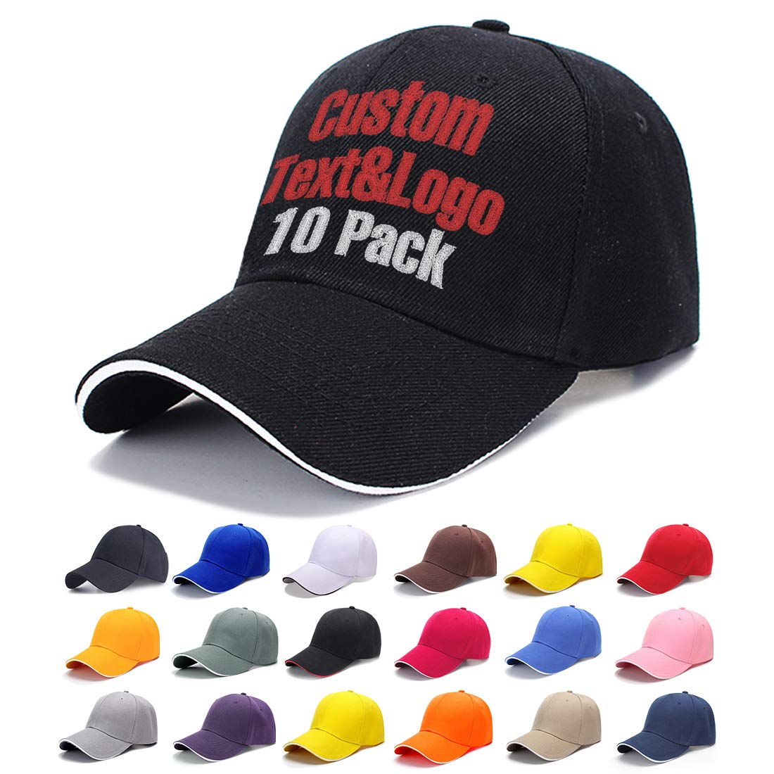 MEINAMI10PACK Custom Front&Back Baseball Cap 100% Cotton Personalized Embroidered Hat in Bulk 10 Pack