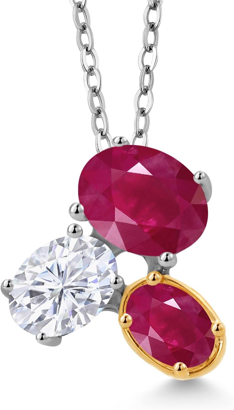 Gem Stone King 925 Silver and 10K Yellow Gold Red Ruby and White Moissanite Pendant Necklace For Women (3.10 Cttw, Oval 8X6MM, 7X5MM and 6X4MM, Gemstone July Birthstone, 18 Inch Chain)