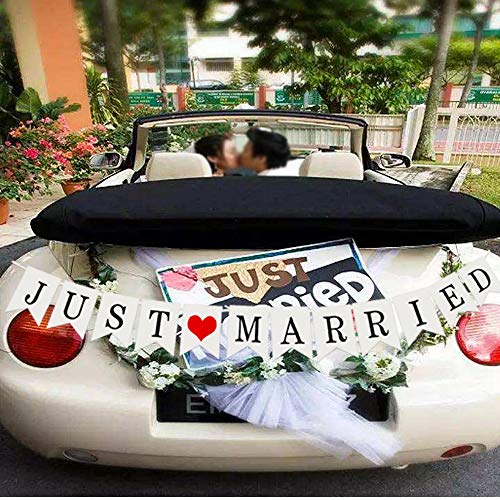 Just Married Girlande Vintage Rustikal Wimpelkette Banner mit Seil Hochzeitsgirlande als Deko für Hochzeit Fest Party Brautdusche Junggesellinnenabschied oder Foto Photo Booth Fotografie
