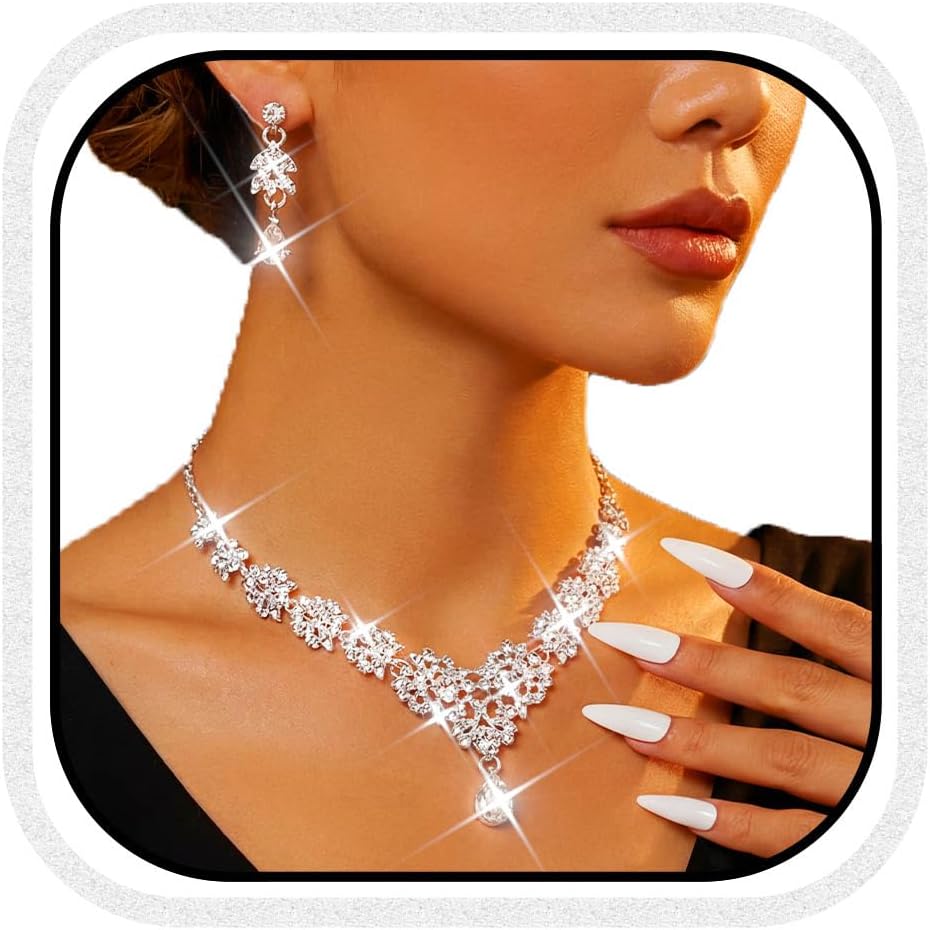 CLOACE Rhinestone Wedding Bridal Jewelry Set Silver Sparkly Earrings Prom Necklace Jewelry Accessories for Women