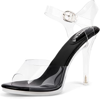 Clear Heels For Women-Silver Heels with Adjustable Ankle Straps,Dress Shoes Transparent Strap Sexy Crystal Stilettos Heels Open Toe 4.3-Inch Chunky High Heeled Sandals Pumps