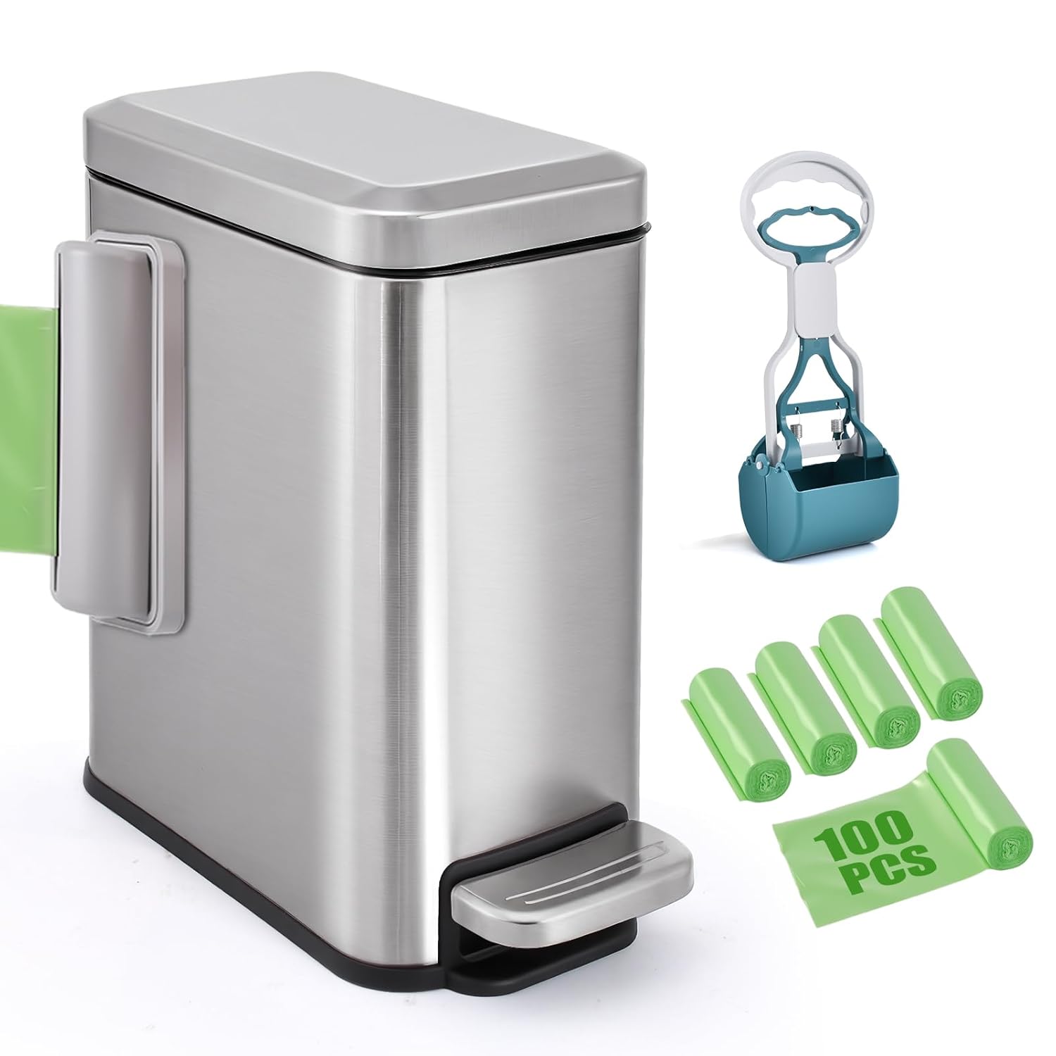 Small Dog Poop Trash Can Outside 5L/1.3Gal Metal Dog Waste Trash Can with Lid Stainless Steel Outdoor Garbage Poop Bucket with Lid Soft Close for Pet with 100 Waste Bags and Pooper Scooper