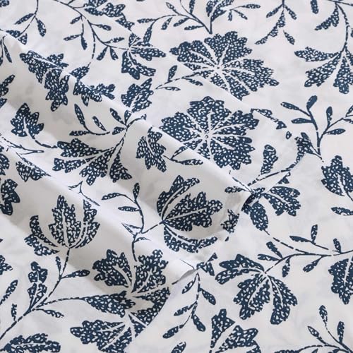 Image of Eddie Bauer - Full Sheet Set, Premium Cotton Percale Bedding Set, Floral Home Decor, Oeko-Tex Certified (Woodblock Floral Blue, Full)