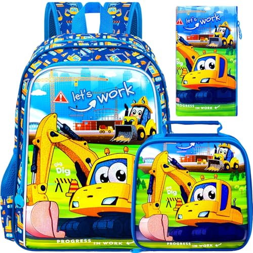Image of CCJPX 3PCS Excavator Backpack for Boys, 16 Inch Water Resistant Preschool Bookbags, Cool Kindergarten School Backpacks and Lunch Box