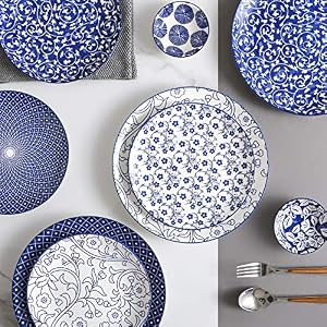 Selamica 10 inch Porcelain Dinner Plates, Large Size Serving Plate for Salad, Pancakes, Steak, Set of 6, Vintage Blue Selamica 10 inch Porcelain Dinner Plates Large Size Serving Plate for Salad Pancakes Steak Set of 6 Vintage Blue