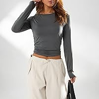 Vista 51 de Blusa corta básica casual para mujer, ajustada, manga larga, cuello redondo, color sólido, para otoño, camiseta ajustada Gris claro
