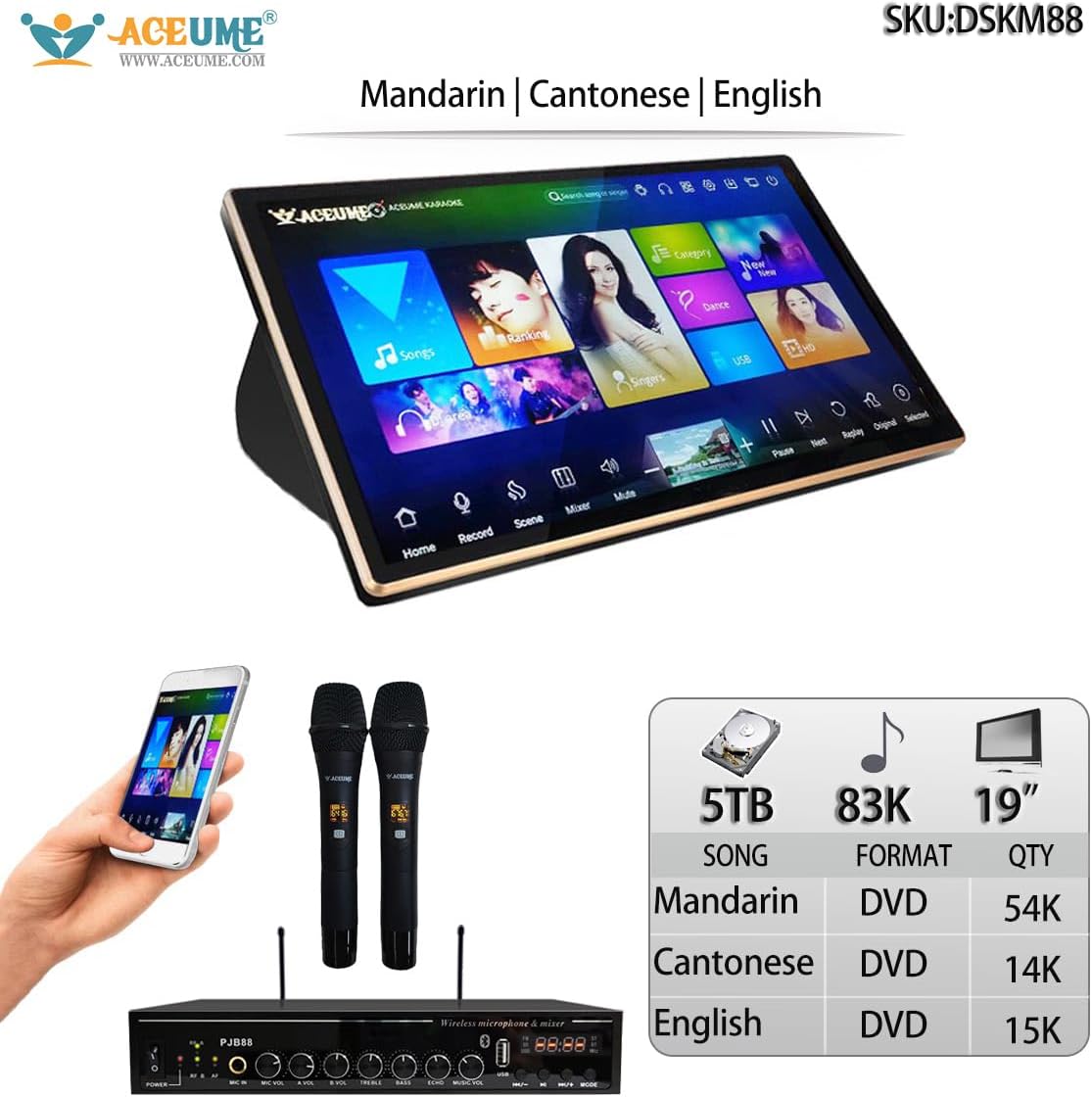 5TB HDD 83K Chinese(Mandarin,Cantonese) DVD,English DVD Songs,19'' Touch Screen Karaoke Player Cloud Download, Remote Controller Included