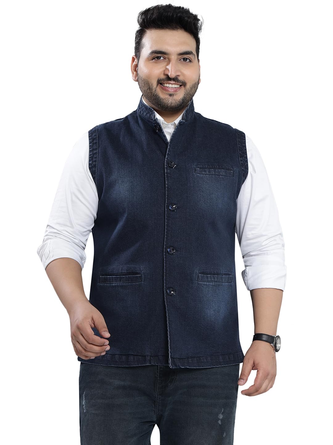 john pride Plus Size Men Regular Fit Navy Blue Stretchable Denim Nehru Jacket (JPNJ7525_Navy Blue)-picture-27