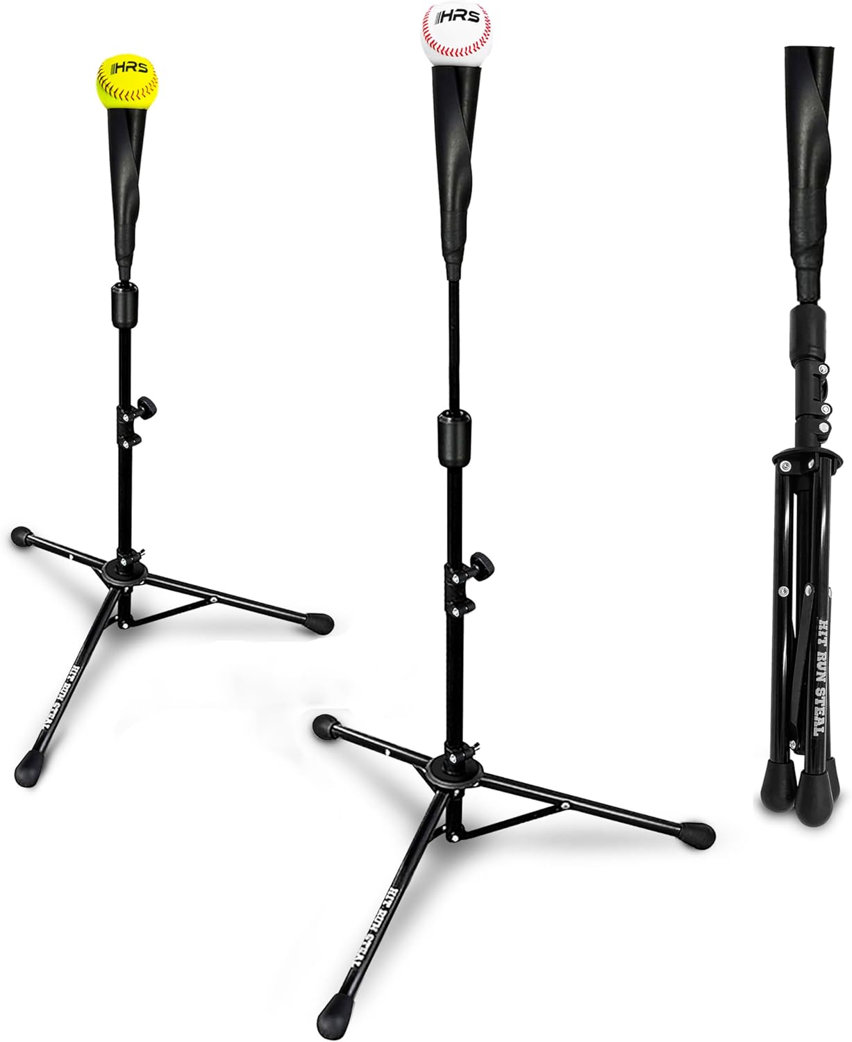 Hit Run Steal Heavy Duty Portable Softball and Baseball Tee, Quick Fold Up Set Up - Improve Batting Accuracy with Precision Training - Build Confidence, Power and Consistency in Swings