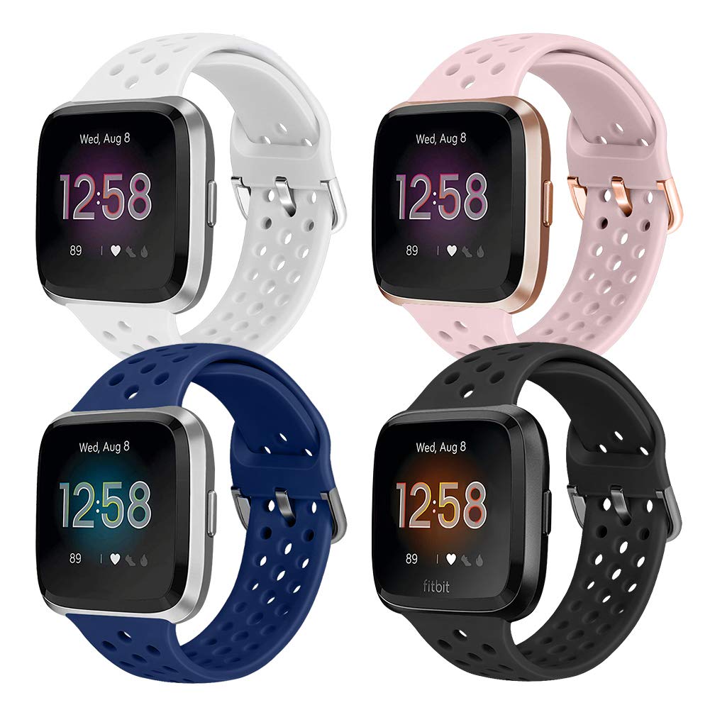 Runostrich Sport Strap Compatible with Fitbit Versa/Versa 2/Versa Lite/SE, Soft Silicone Band Replacement Breathable Wristband for Smart Watch for Women Men (Black+Dark Blue+Pink Sand+White)