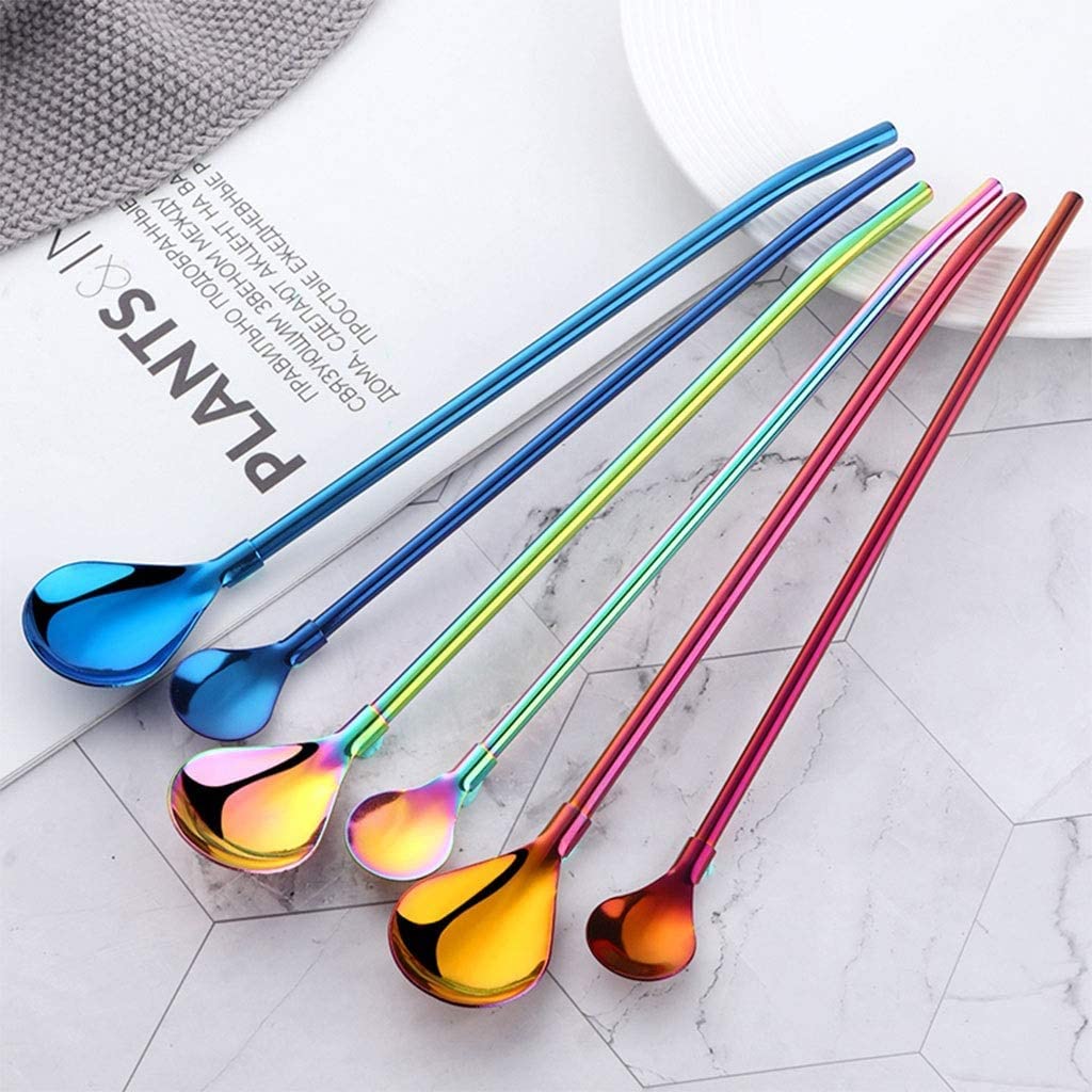 Cucharas De Mesa Cuchara De Paja Larga Acero Inoxidable, Cucharas Mezcla Bebidas Café Color 8 Piezas, Para Jugo Restaurante Cocina Sopa Antigoteo Servir(F)