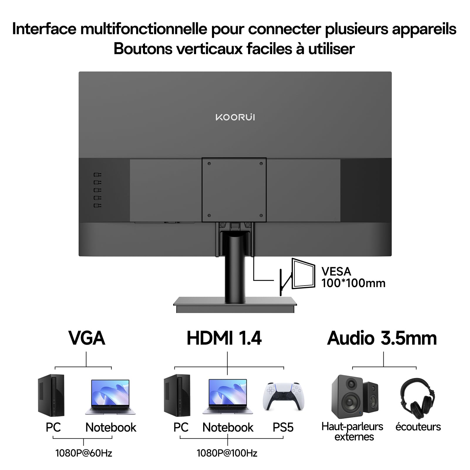 KOORUI E2411F 23.8 inch PC Screen, FHD 1920 x 1080 Monitor, 100Hz Screen, IPS HDMI VGA Eye Care, VESA 100 x 100 mm