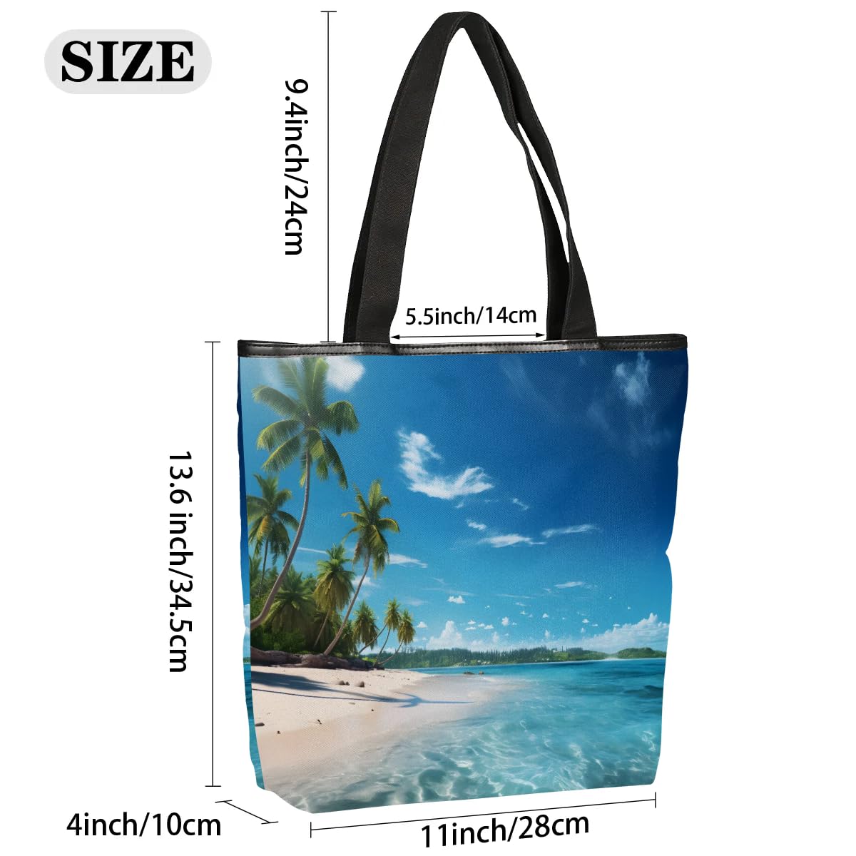 Mularoka Coconut Beach Scenery Canvas Tote Bag with Zipper and Pockets Canvas Tote Shopping Bag Women Reusable Grocery Bag for Beach Travel Gym Shopping