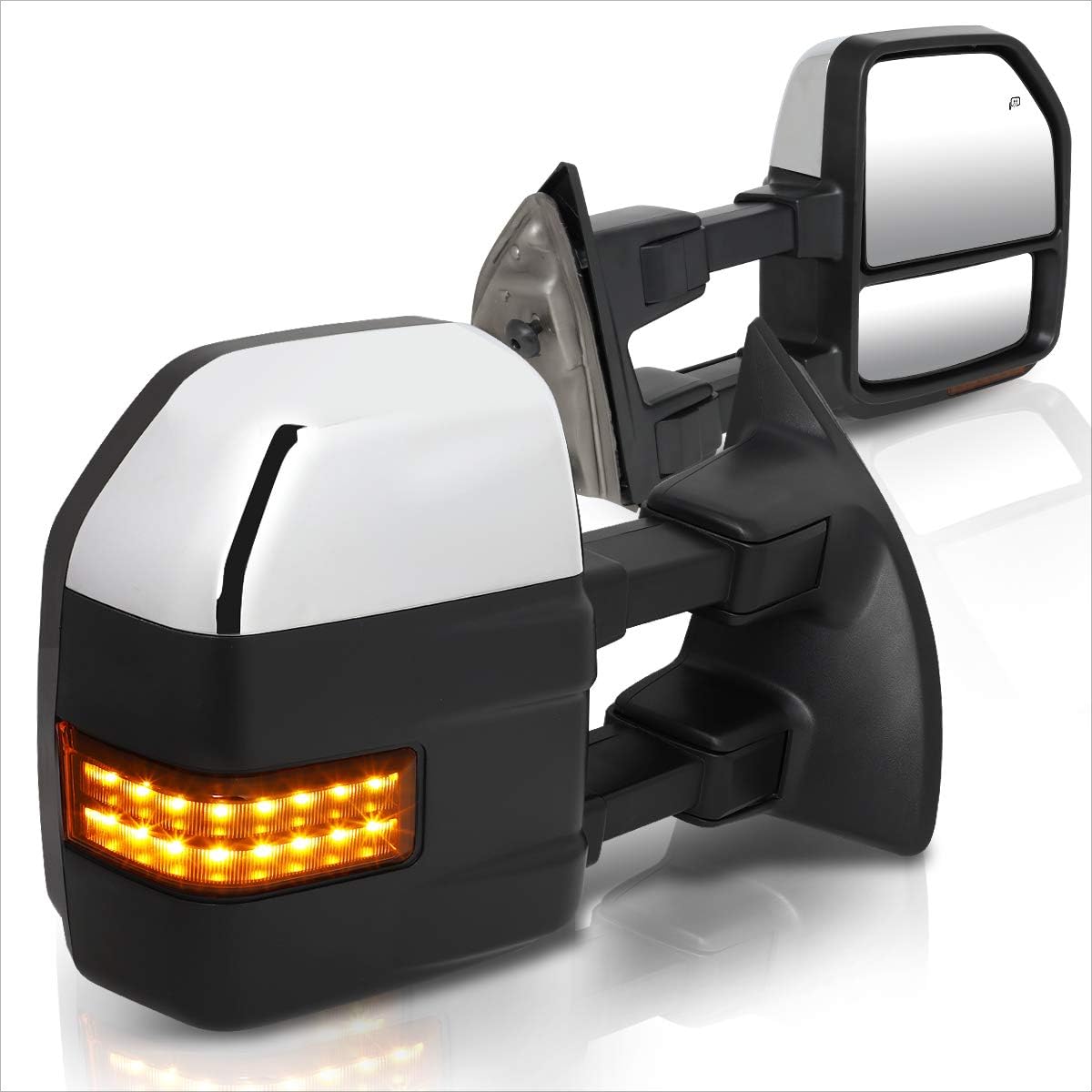 [Pair] Power Heated Tow Towing Mirrors Side Mirrors w/Amber LED Signal Compatible with 08-16 Ford Super Duty,Chrome