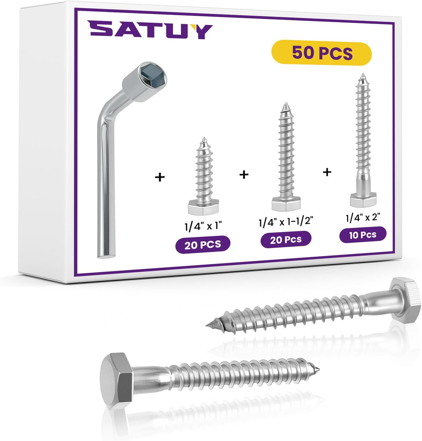 50Pcs 1/4" Hex Head Lag Screws, 3 Different Lengths(1", 1-1/2", 2") 304 Stainless Steel Heavy Duty Wood Bolts with Hex Socket Wrench for Deck, TV Mounts, Boat Repair
