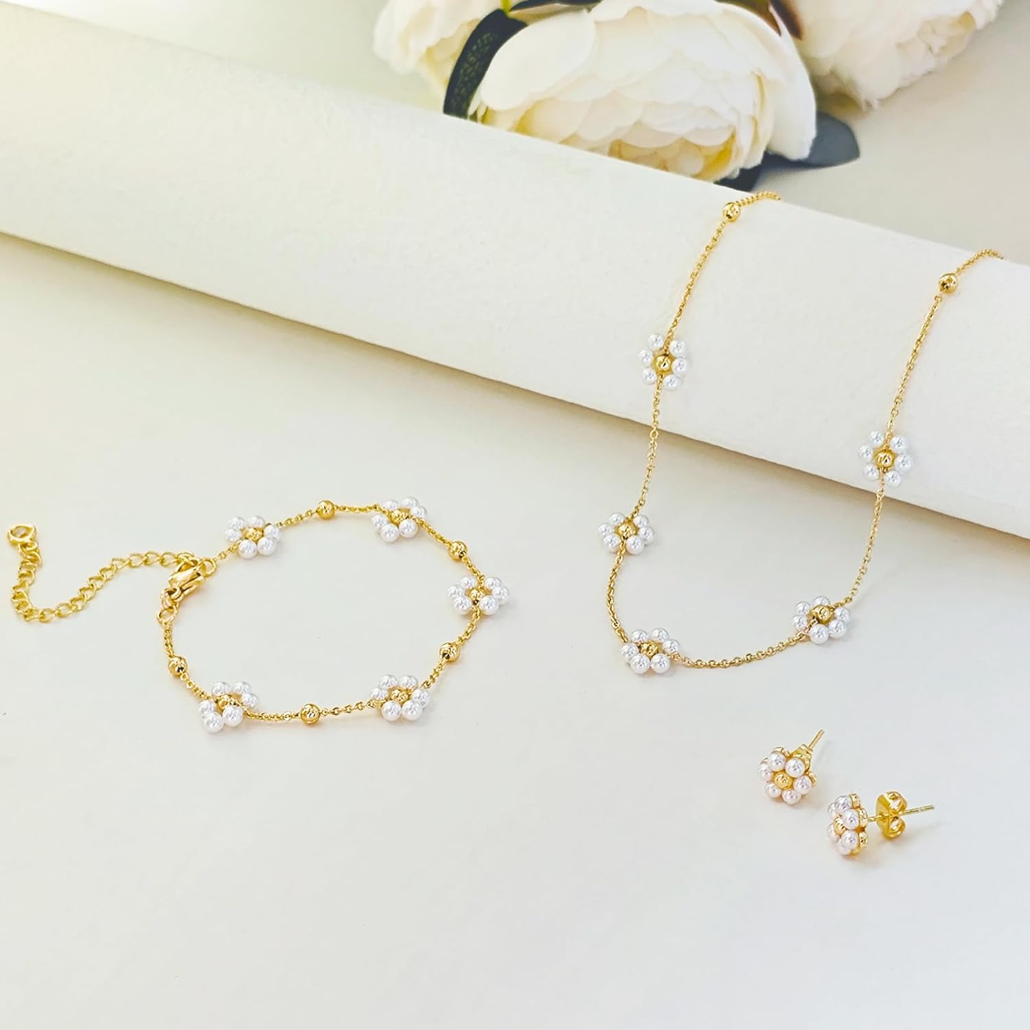 Zeffy Gold Pearl Necklace for Women, Dainty 14K Gold/Silve Plated Layered Pearl Choker Pearl Earrings Pearl Bracelets Wedding Trendy Gold Jewelry Set for Women Gifts - Image 7