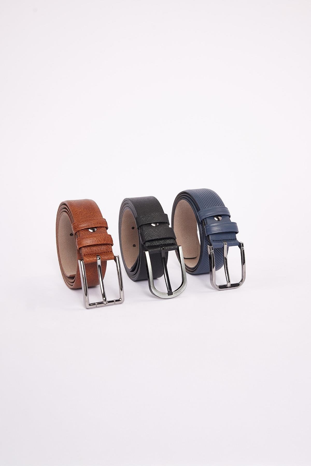Tudors Erkek 3'lü Set Klasik Kemer, 3,5 cm, Siyah-Kahverengi-Lacivert Klasik 3,5 Cm