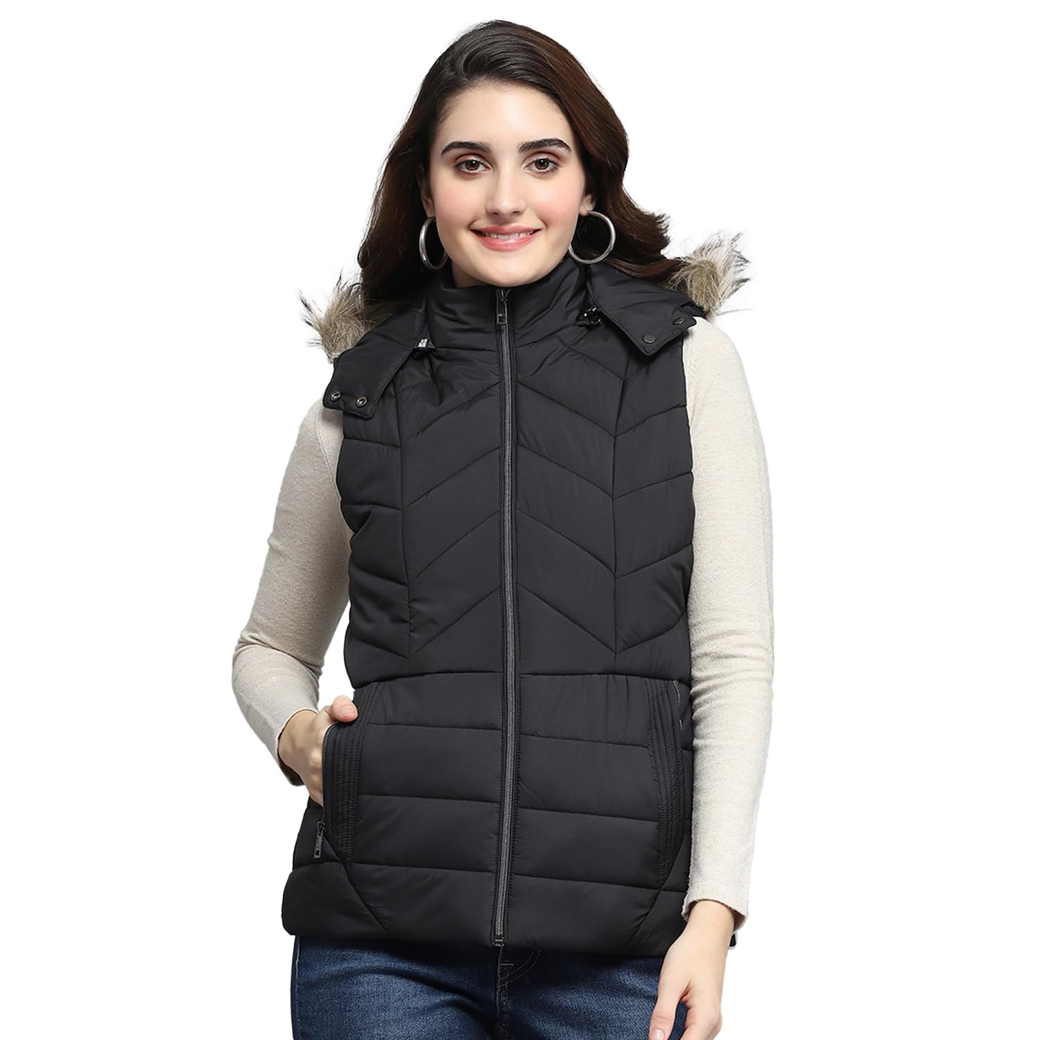 monte carlo Womens Solid Olive Detachable Hood Sleeveless Jacket-picture-13