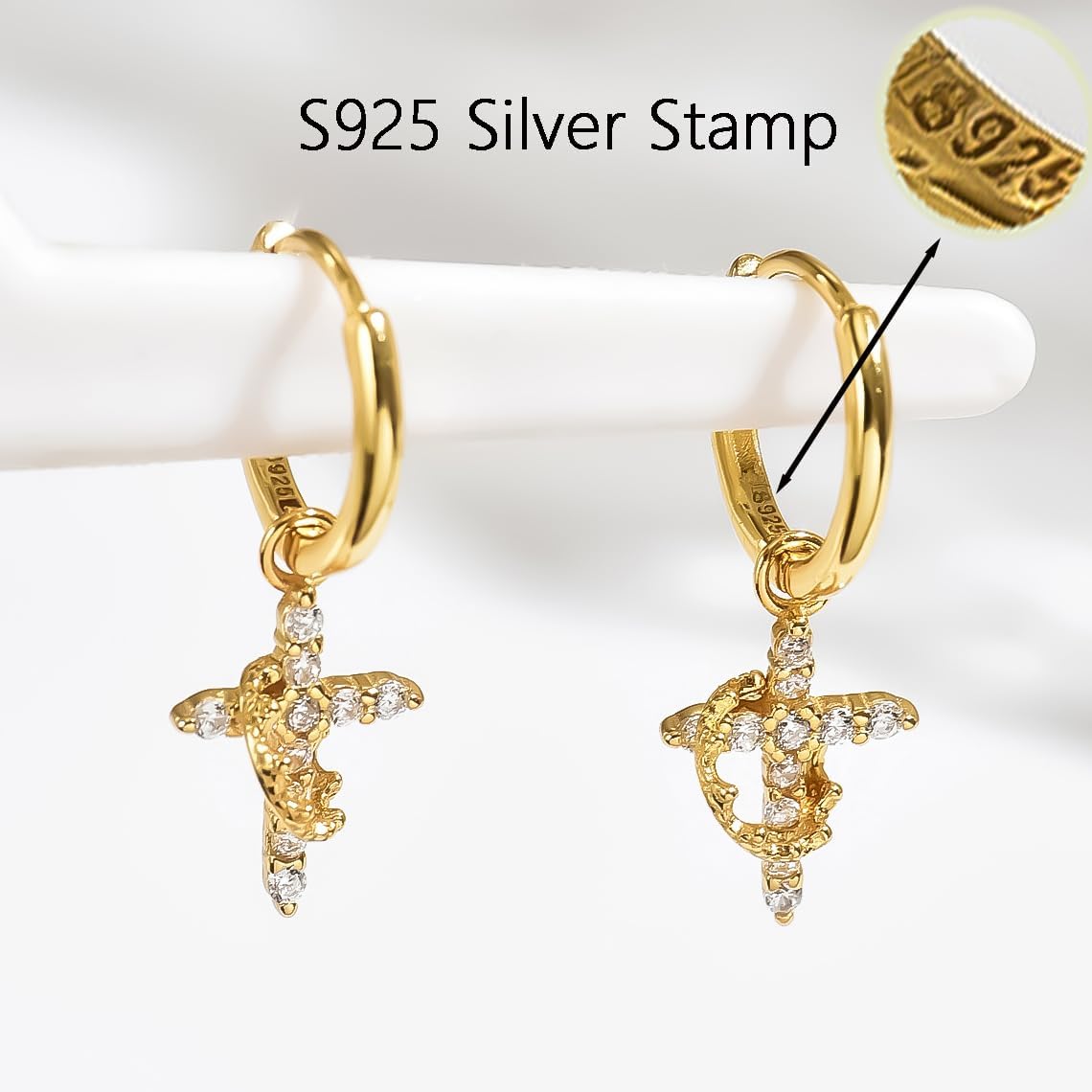 Crown Cross Earrings for Women 925 Sterling Silver Dangle Earrings 14K Gold Plated Hypoallergenic Huggie Hoop Earrings Cubic Zirconia Earrings Religious Jewelry Easter Baptism Christian Gifts - Image 6