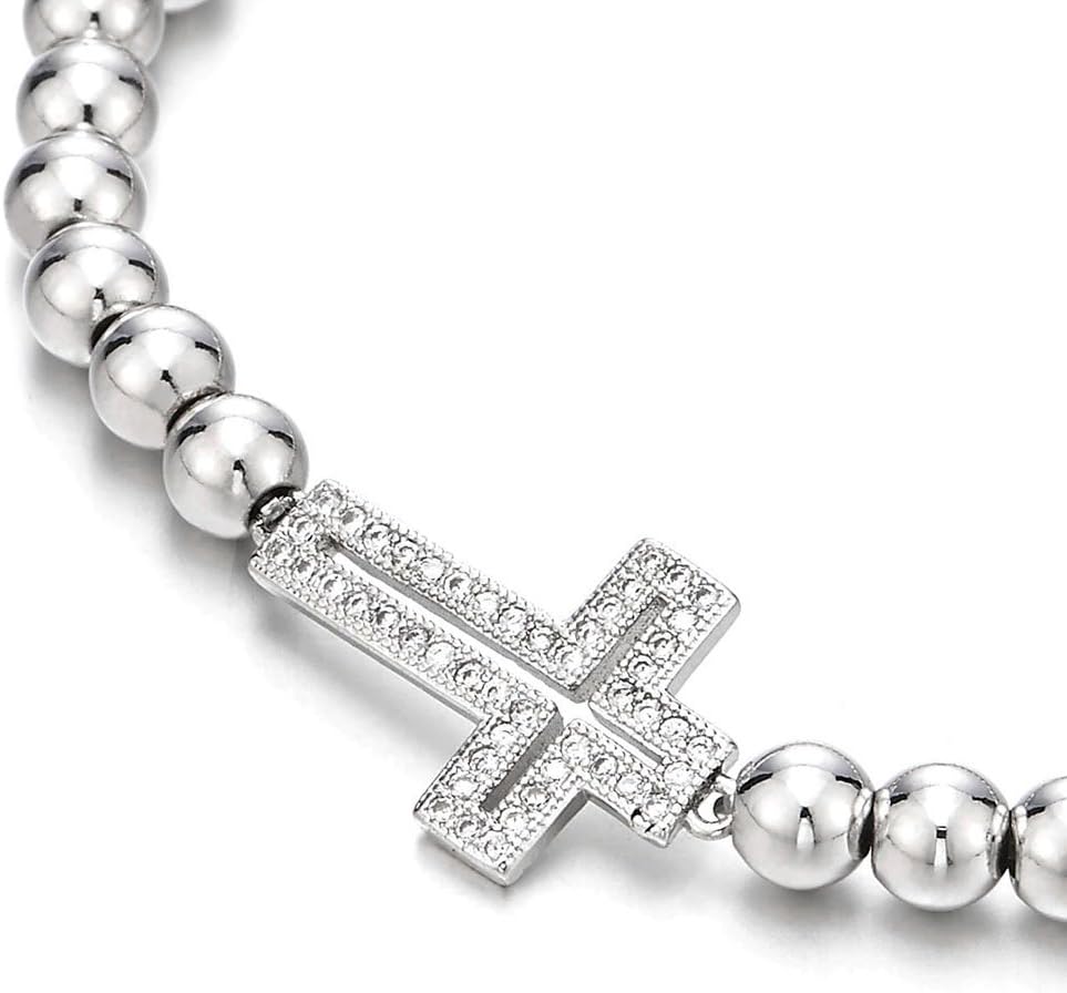 COOLSTEELANDBEYOND Sparkling Beads Bracelet for Women with Cubic Zirconia Horizontal Sideway Cross - Image 2