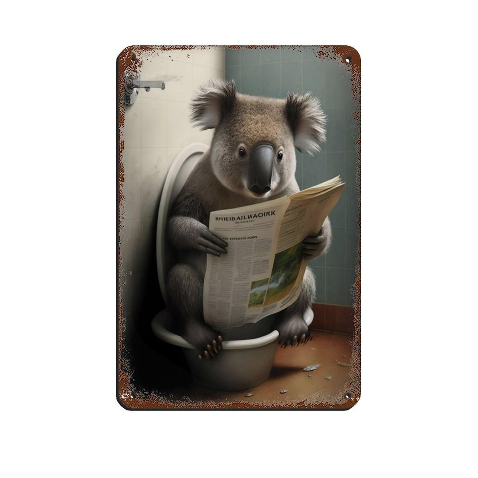 Lxwnze 20L X 30W Cm Koala Bear Sitting On The Toilet Reading A Newspaper Retro Poster Metal Tin Sign Chic Art Retro Iron Painting Bar People Cave Cafe Family Garage Poster Wall Decoration 8X12inch(20X30cm)